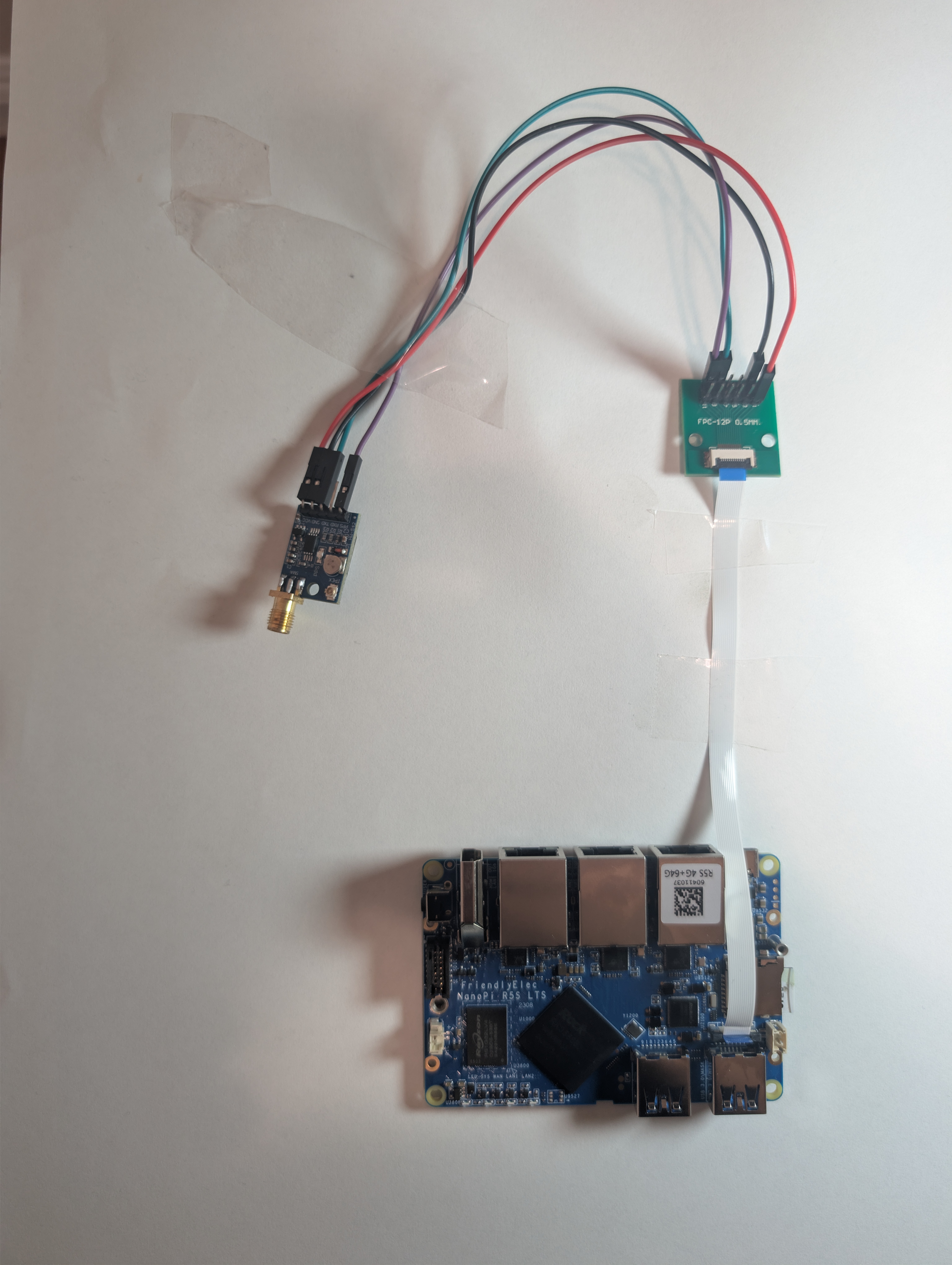 NanoPi R5S-LTS board with FPC breakout and NEO-M8N GPS module connected via ribbon cable